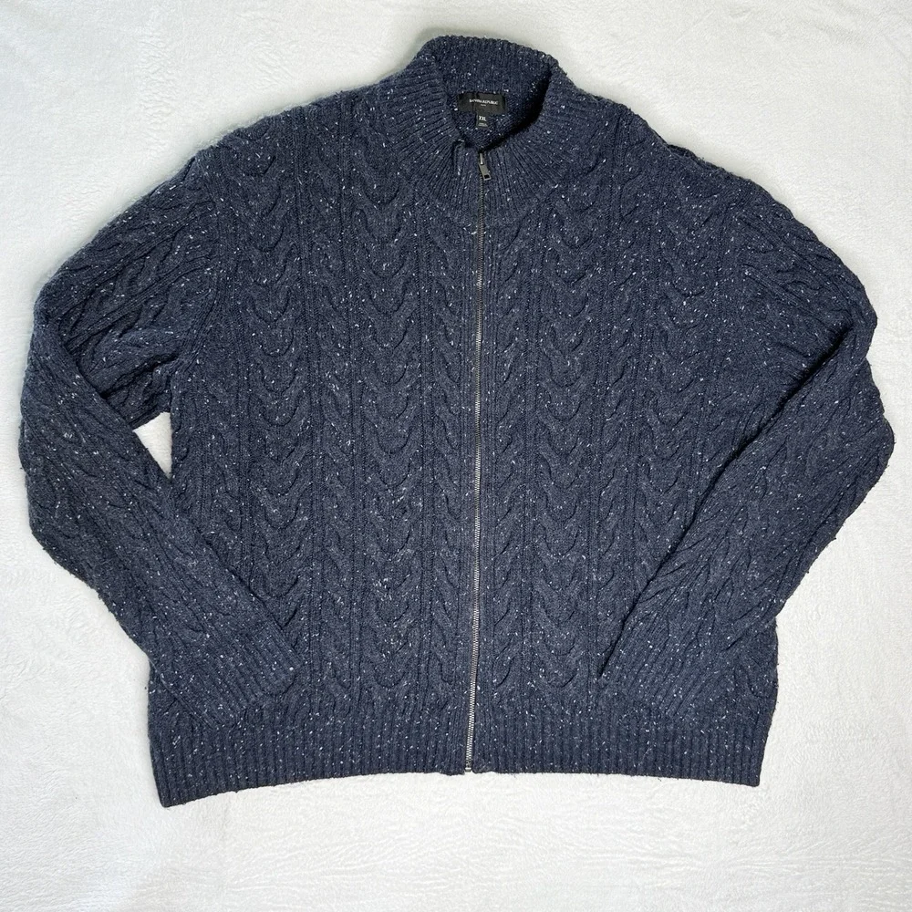 Banana Republic XXL Fisherman Cable Knit Full Zip Sweater Navy Wool Blend Preppy